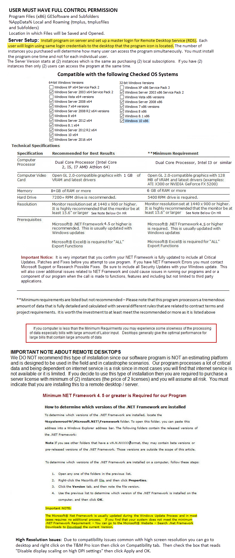 T&M Pro-Suite minimum system software requirements.